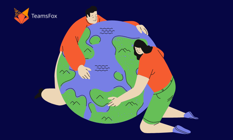 a man and a woman holding the earth in their arms symbolizing the importance of sustainable practices in IT for earth