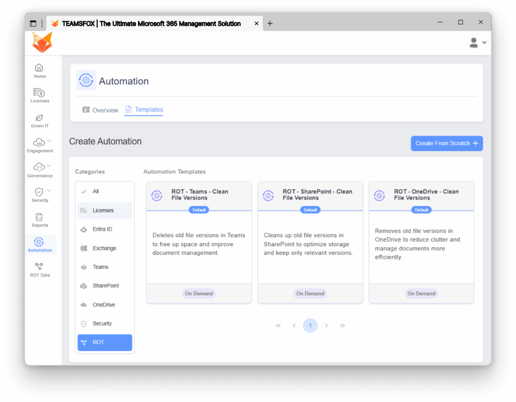 TeamsFox dashboard showing automation templates for cleaning ROT file versions in Microsoft Teams, SharePoint, and OneDrive