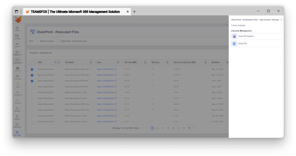 TeamsFox dashboard showing actionable options for managing redundant SharePoint files, including bulk deletion and archiving