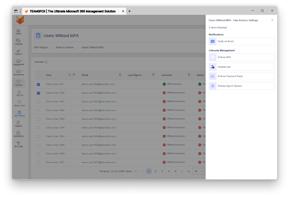 Here is the SEO-optimized content for an image showing alerts & automated actions for users without MFA in TeamsFox:

✅ SEO Elements for MFA Alert & Action Screen
🖼️ Image Filename (SEO-friendly)
teamsfox-alerts-actions-users-without-mfa.png

🔤 Alt Text (Alt Attribute)
Screenshot of TeamsFox alert showing users without MFA enabled, with actions available.