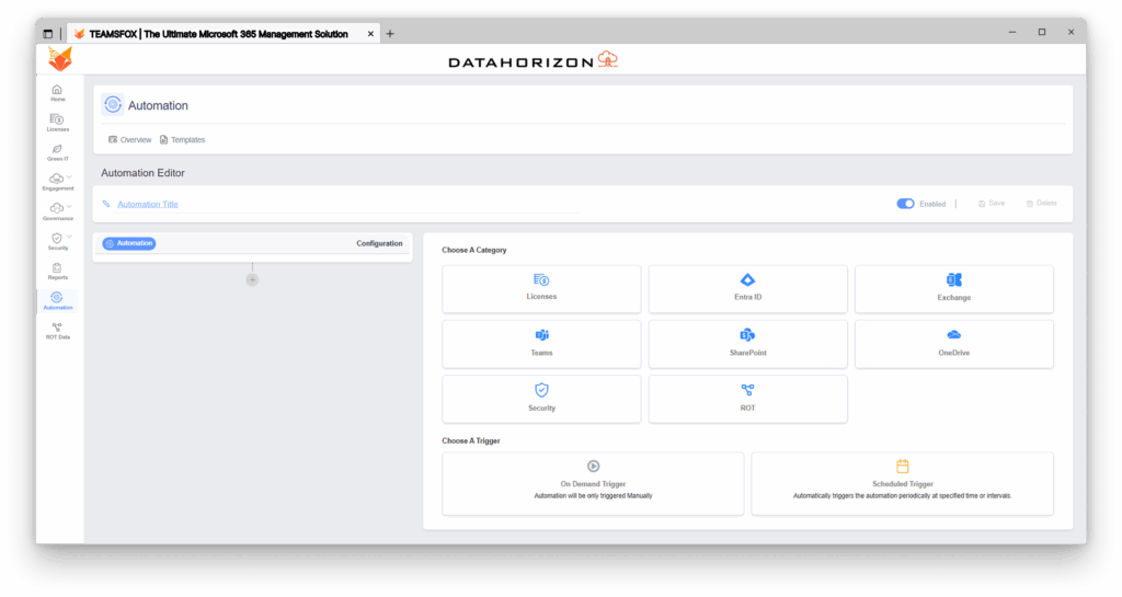 TeamsFox Automation setup screen for Microsoft 365 governance showing category options such as Licenses, Entra ID, Exchange, Teams, SharePoint, OneDrive, Security, and ROT, along with manual and scheduled trigger choices