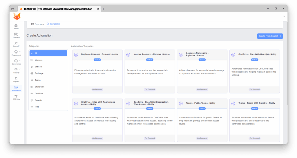 TeamsFox Automation workflow execution Templates settings screen showing delay options, alerts, and filters for obsolete file cleanup in Microsoft 365