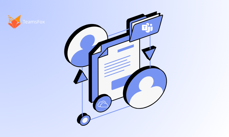 Illustration of automating Microsoft 365 governance with TeamsFox, showing documents linked to user profiles, cloud icons, and Microsoft Teams