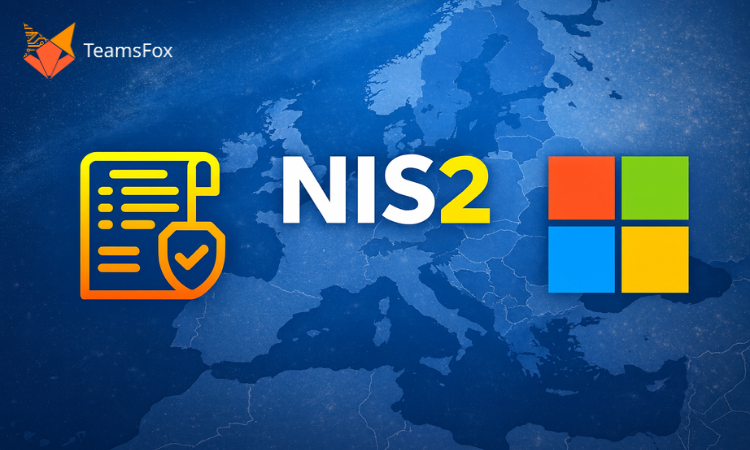 Illustration of NIS2 compliance governance for Microsoft 365, showing security controls, regulatory compliance, and TeamsFox continuous governance
