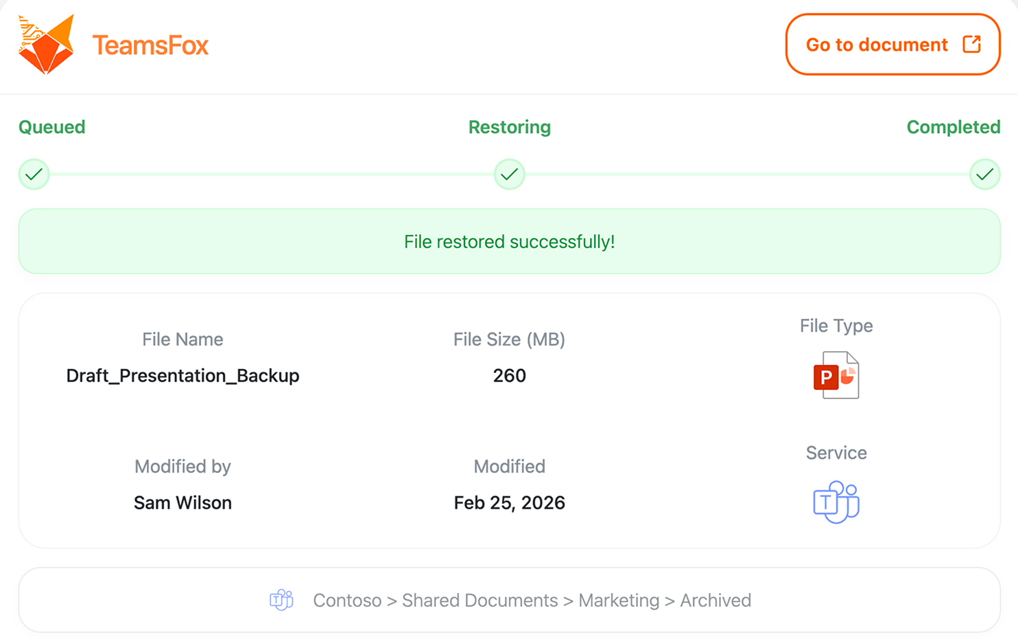 Microsoft Teams file restore confirmation showing a PowerPoint document successfully restored from archived storage in a Teams workspace