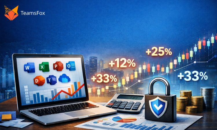 Illustration of Microsoft 365 price increase 2026 showing rising subscription costs up to 33%, security enhancements, and IT budget impact