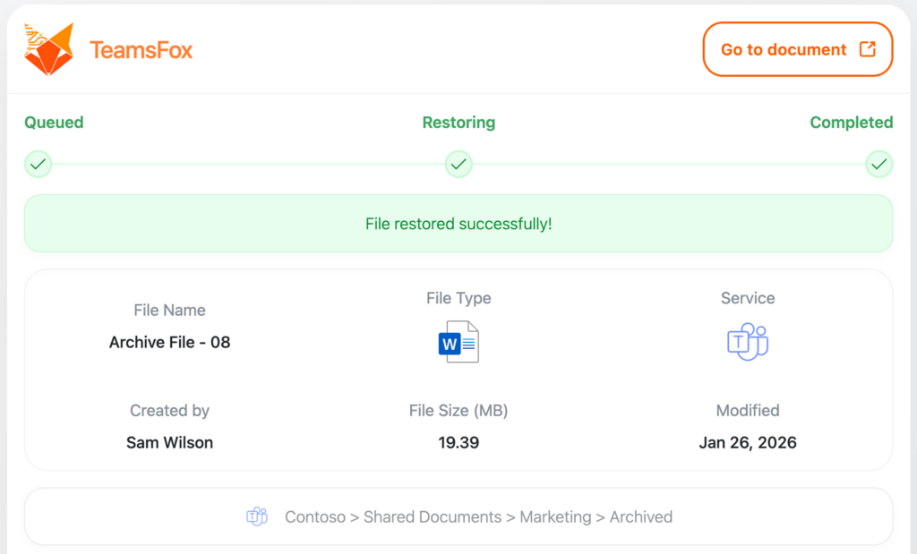 Microsoft 365 Storage Optimization: How TeamsFox Eliminates Waste TeamsFox interface showing a successful one-click file restore, including file name, type, size, and archive path in Microsoft 365