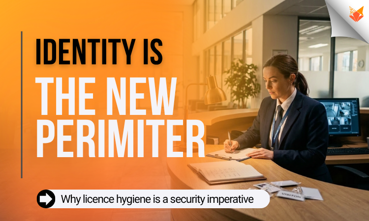 Business professional reviewing identity access documents in a modern office illustrating Microsoft 365 licence hygiene and identity security risks