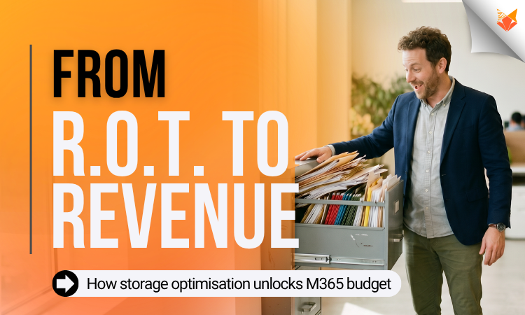 Microsoft 365 storage optimization concept showing ROT data cleanup, file reduction, and budget recovery through TeamsFox to lower storage costs and improve M365 efficiency.