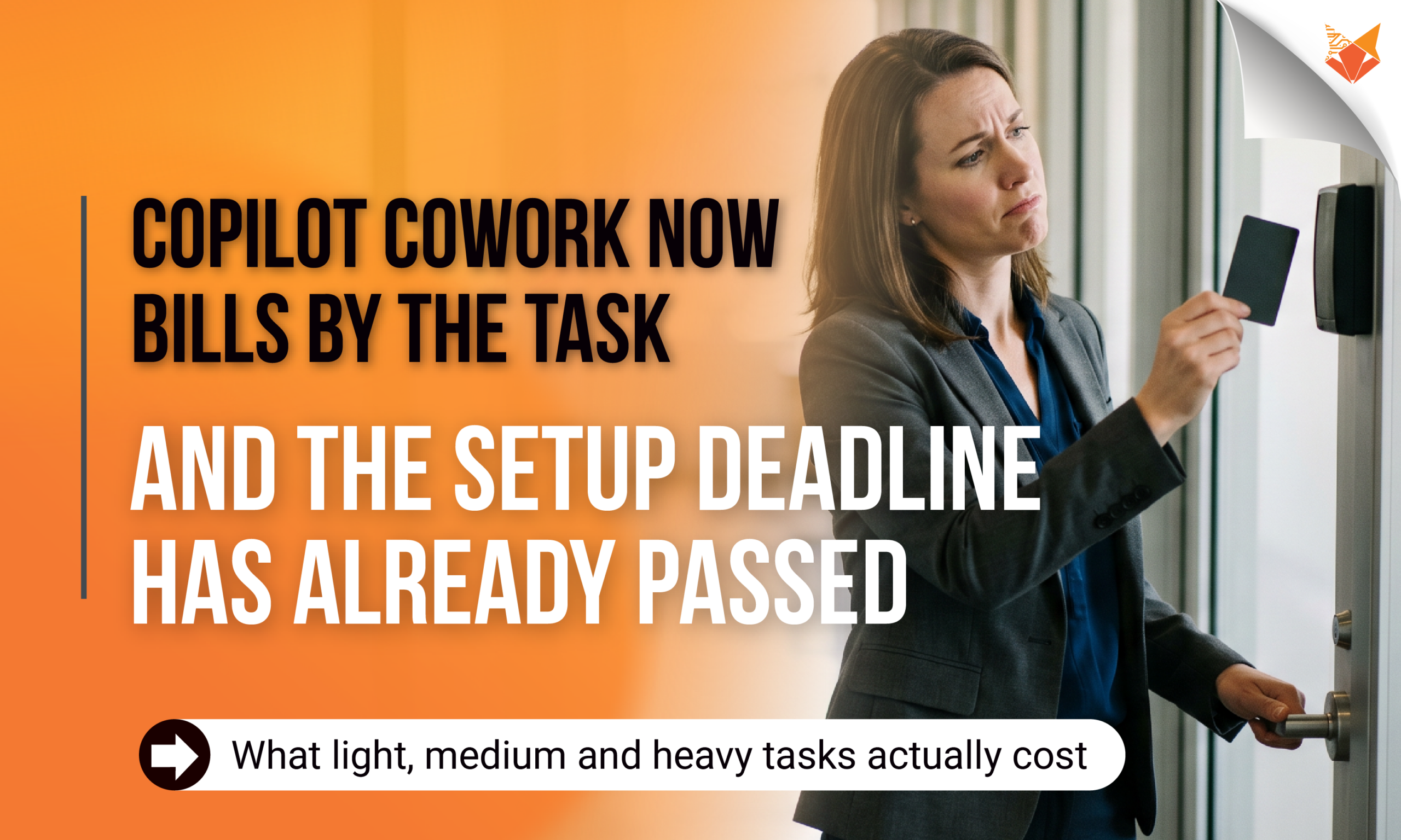 Frustrated IT manager badges into locked office door, symbolizing Copilot Cowork access suspended after missed billing deadline