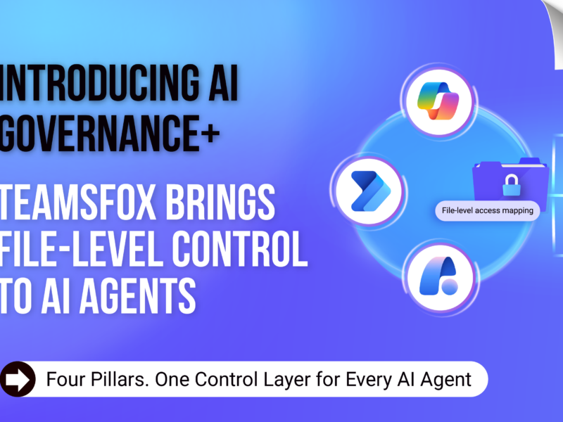 Introducing AI Governance+: TeamsFox Brings File-Level Control to AI Agents TeamsFox AI Governance+ graphic showing file-level access mapping and control over Microsoft 365 AI agents across SharePoint, Outlook, and Teams.